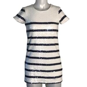 ZARA WHITE & BLUE STRIPE SEQUIN SHORT SLEEVE TOP